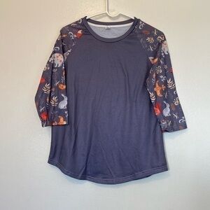 Pixie Lady gray yellow forest animals raglan tree  slip over cozy shirt small